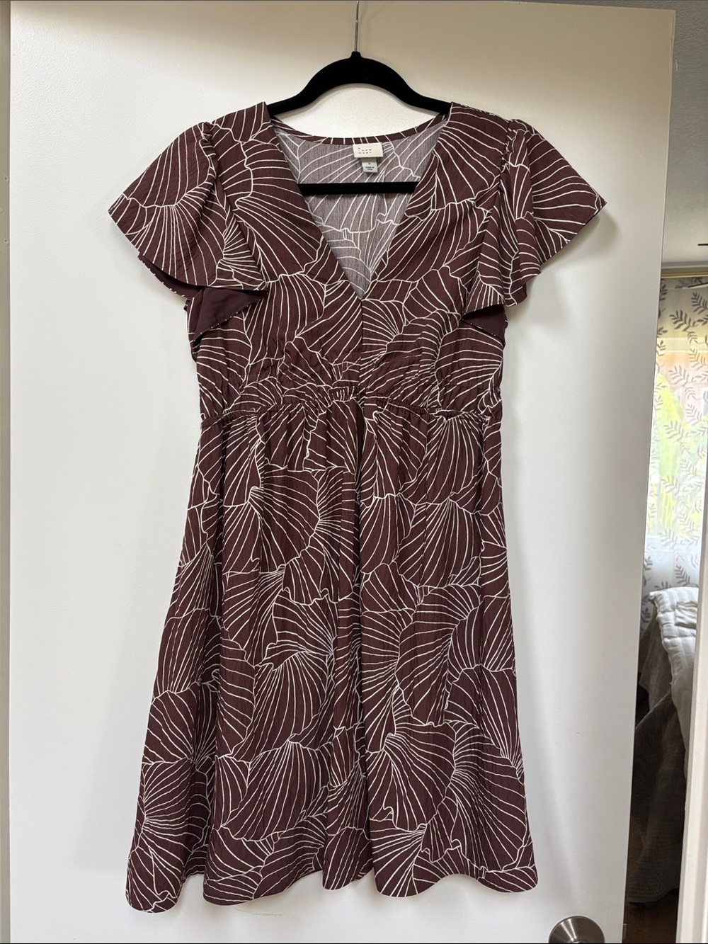 V-Neck Short Sleeve Floral Print Dress - Brown